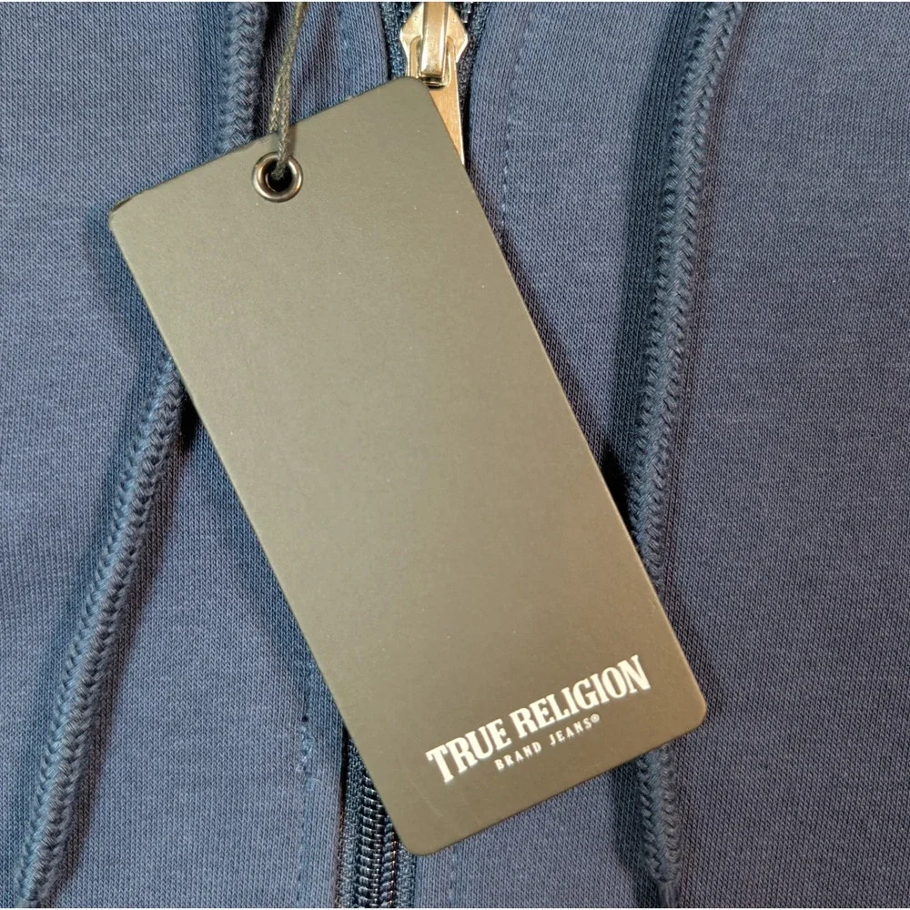 True Religion Zip Hoodie Mens Large Navy Blue Buddha Graphic Logo 106659